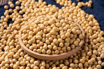 close up of dried soybeans on table.