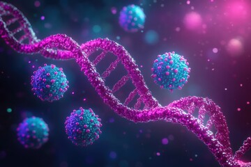 Close-up view of a twisting purple DNA strand surrounded by floating blue and pink spherical virus particles in a glowing dark background