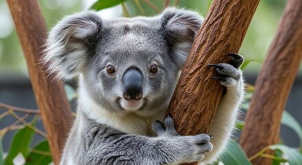 Fototapeta premium Adorable koala clinging to tree trunk with a soft fur and endearing expression in the wildlife