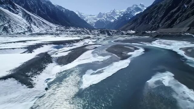 Glacial River Flowing Through SnowCapped Mountains Pakistan