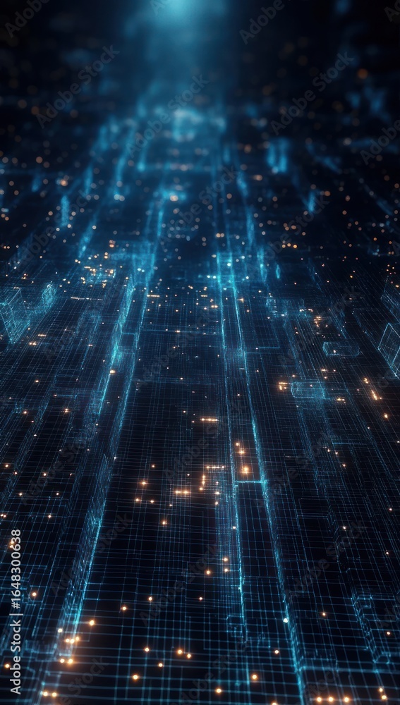 Poster digital cityscape with glowing blue grid lines and scattered orange light points creating a futurist