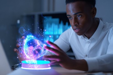 Man interacts with a futuristic holographic display representing data and technology.