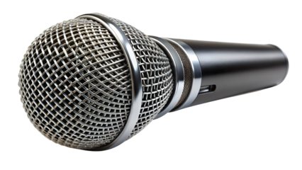 Photo of a professional black microphone with a silver grille, isolated on a transparent background, representing audio and sound recording