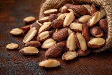 Close-up of shelled almonds spilling out of a burlap sack onto a wooden surface, showcasing natural texture and warm tones