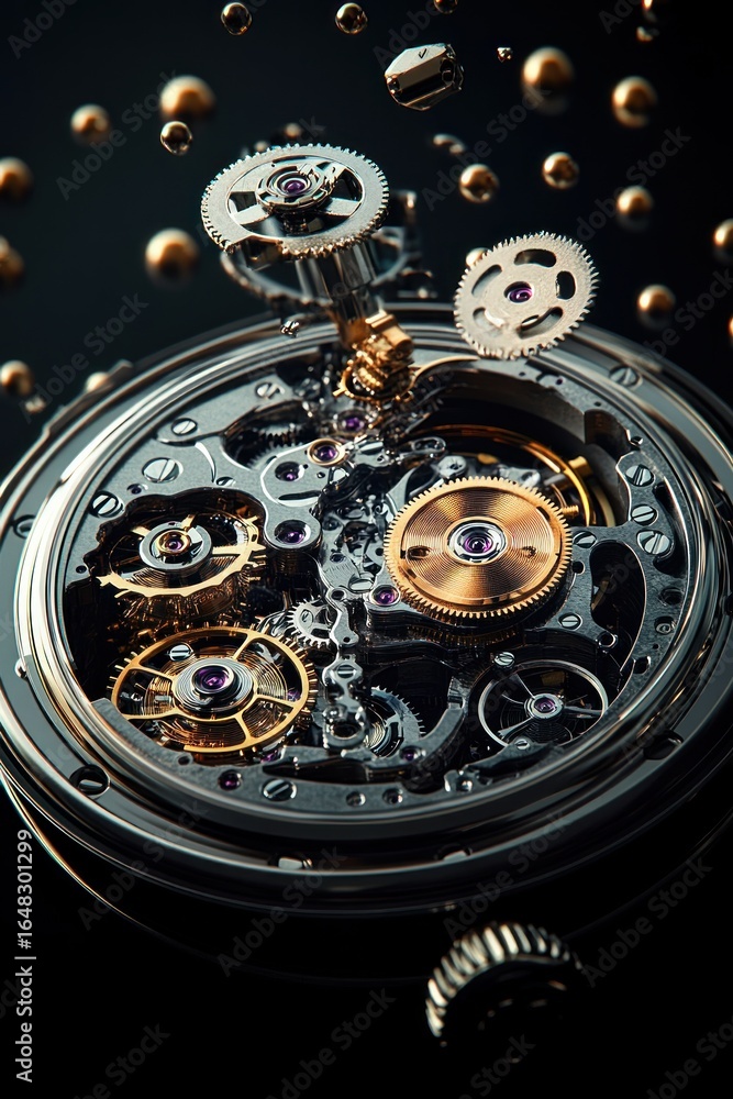 Aufkleber close-up of intricate mechanical watch movement with gears and cogs floating above in a dramatic, hi