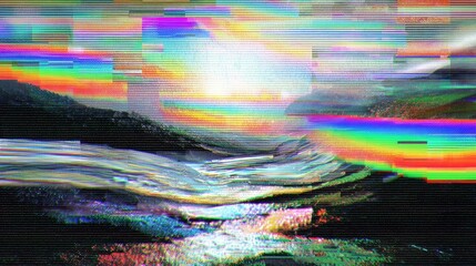 Glitched landscape with vibrant colors and distorted lines