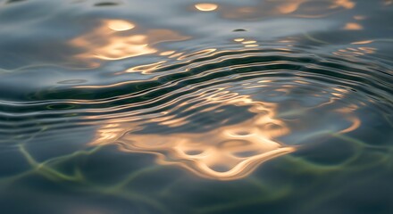 Serene Water Surface Reflecting Warm Light, with Subtle Ripple Patterns Across Dark Depths