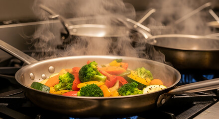 Sizzling Fresh Vegetables Steaming in a Pan on a Gas Stove