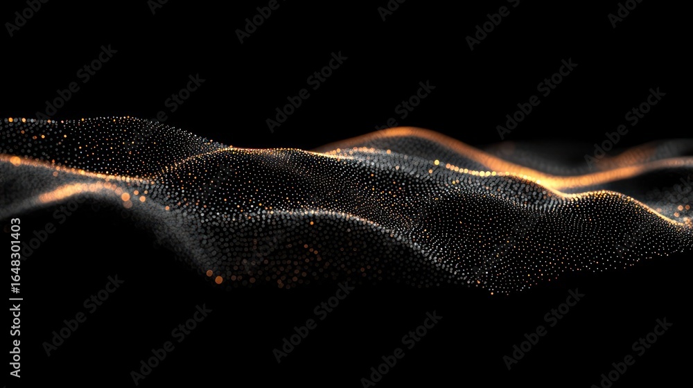 Poster glowing orange and white particles forming smooth, wavy patterns on a black background creating an a