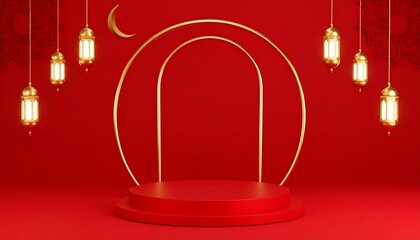 Red podium with gold arches and lanterns
