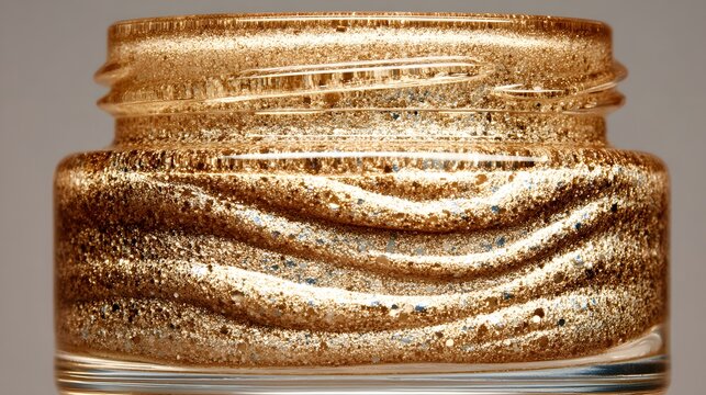 Close-up view of a gold-colored cosmetic product in a glass jar. - Powered by Adobe