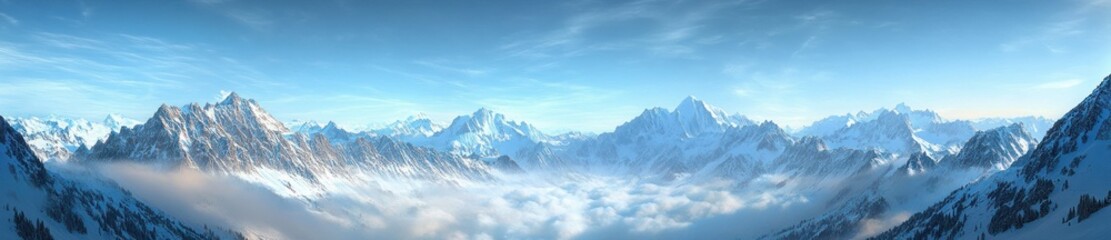 Obraz premium Panoramic view of snow-covered mountain range with peaks rising above a thick layer of clouds under a clear blue sky