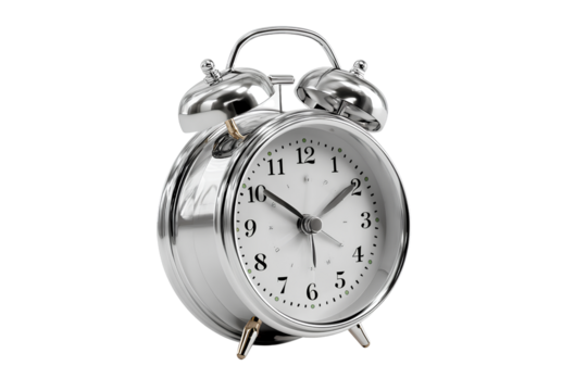  Classic Silver Analog Alarm Clock with Twin Bells, Front View, Transparent Background