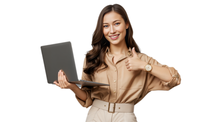 Confident Asian Woman Smiling with Laptop in Studio