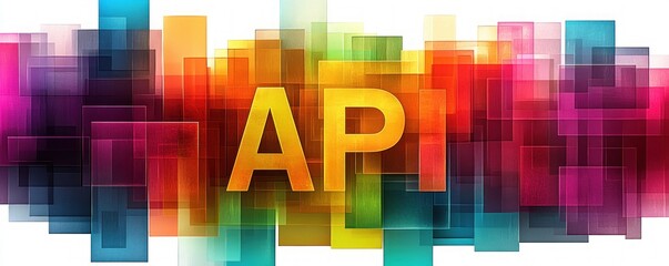Bright multicolored translucent rectangles overlapping with bold golden letters API in the center conveying modern digital or technological concept