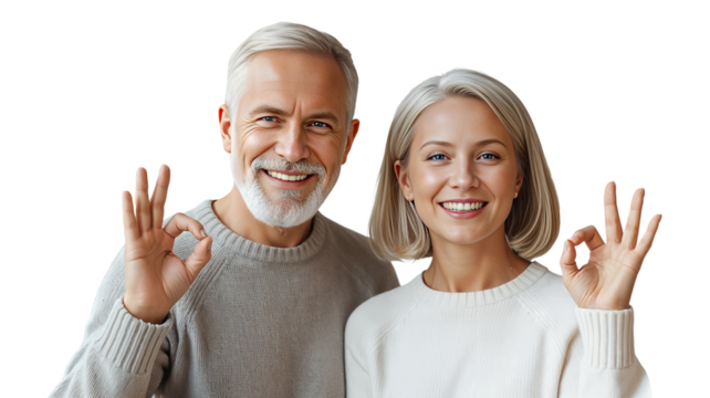 Joyful Elderly Couple Making OK Gestures Together