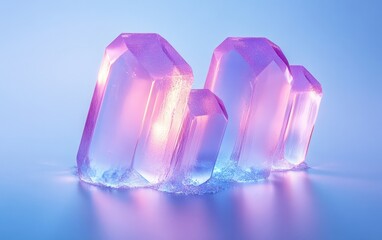 Cluster of translucent pink and purple glowing crystals on a smooth blue surface emitting a soft ethereal light