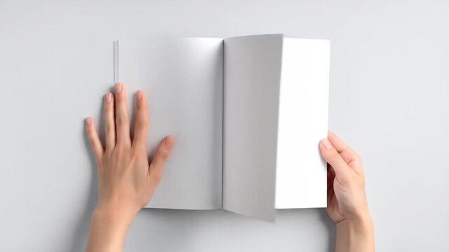 Womans hands holding open blank white book with isolated on gray background.