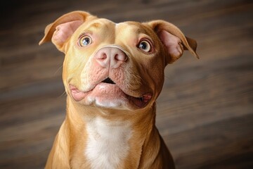 close-up of a light brown dog with a white chest looking upwards with curious expression against blurred wooden floor background
