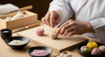 Close-up of hands crafting traditional Japanese wagashi sweets with delicate tools on a wooden table