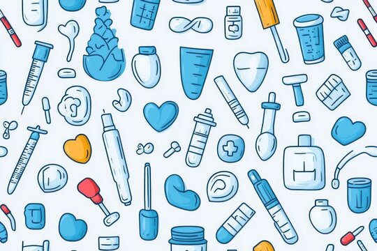 Seamless pattern with various medical and health-related items in blue and orange tones on light background, conveying care and wellness