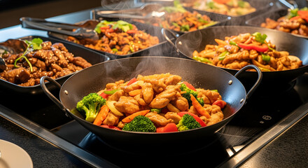 Sizzling Hot Asian Buffet: Freshly Prepared Chicken Stir-Fry with Steaming Vegetables