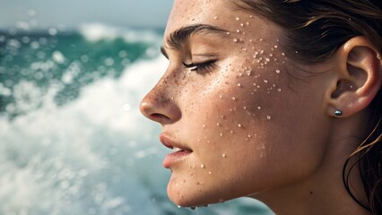 Reef-safe sunscreen grains on cheek, salt-spray glistening on lashes, misted glow.