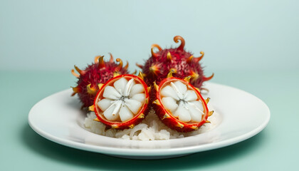 rambutan fruits on the dish, minimalism. White tone