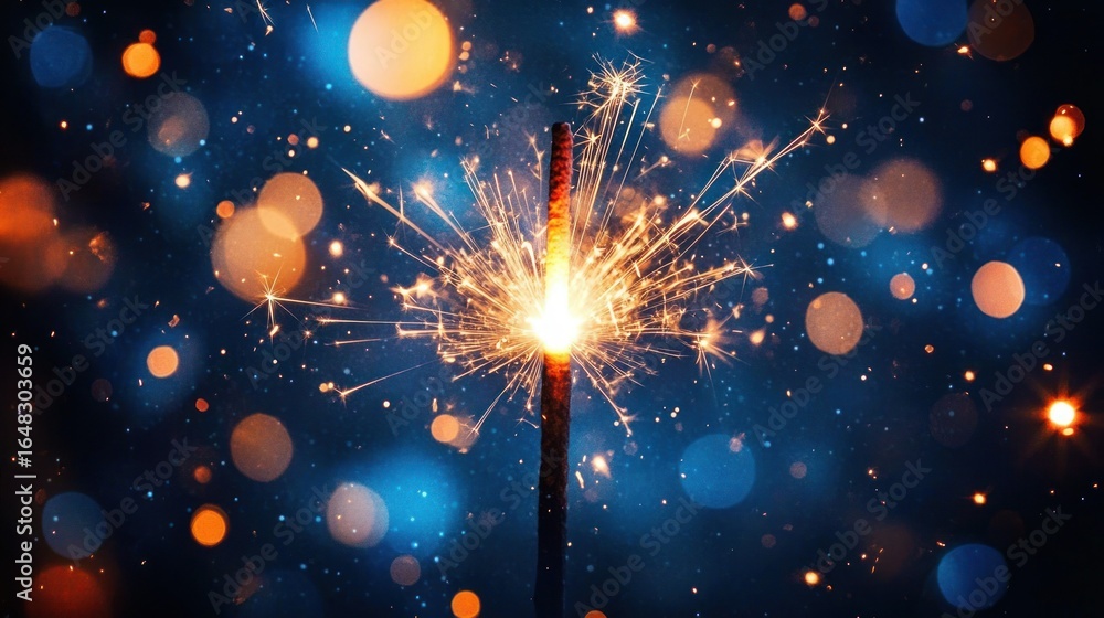 Poster close-up of a bright sparkling sparkler emitting golden sparks against a dark background with blue a