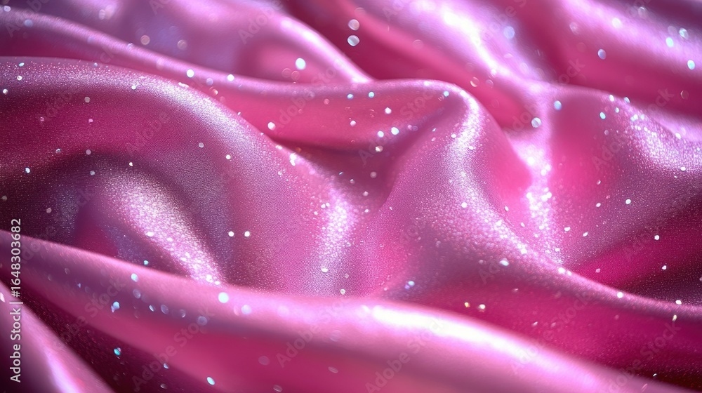 Aufkleber close-up of shiny smooth pink fabric with glitter scattered across its surface, creating a soft and 