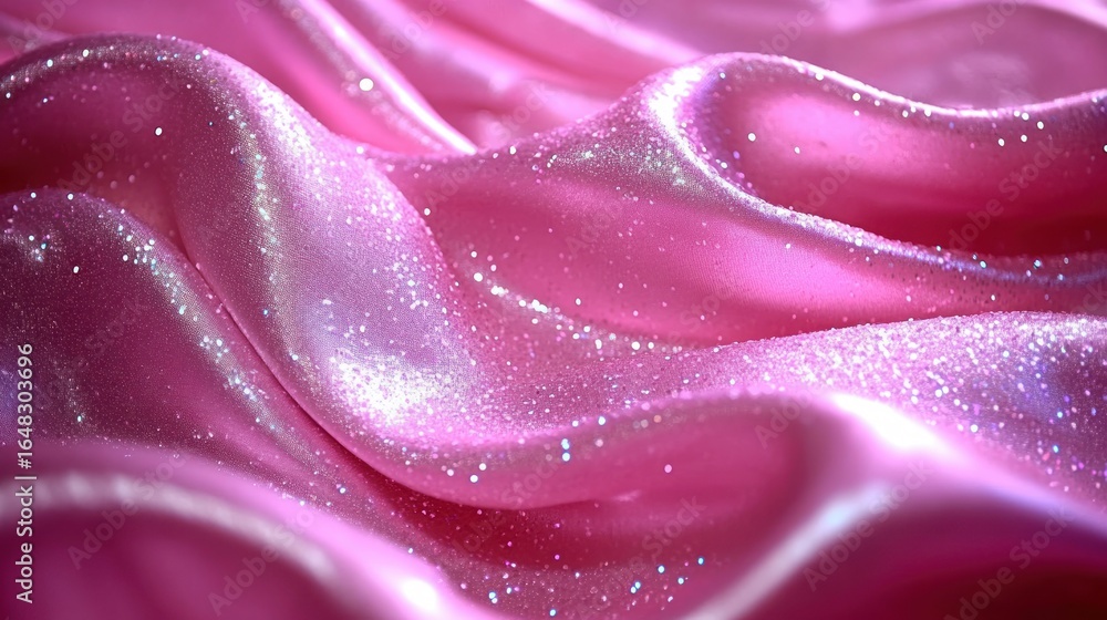 Poster close-up of shiny, glittery pink satin fabric with smooth folds and sparkling light reflections crea