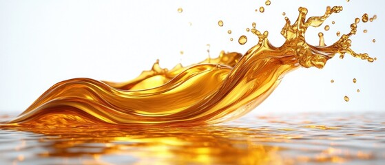 Golden liquid splash captured in mid-air with smooth flowing curves and droplets against a bright white background