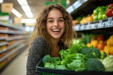 Happy young woman smiling while shopping fresh green vegetables including broccoli and lettuce in grocery store aisle
