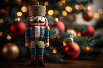 Colorful wooden nutcracker soldier with glittery gold crown and uniform in front of a decorated Christmas tree with red and gold baubles and warm bokeh lights