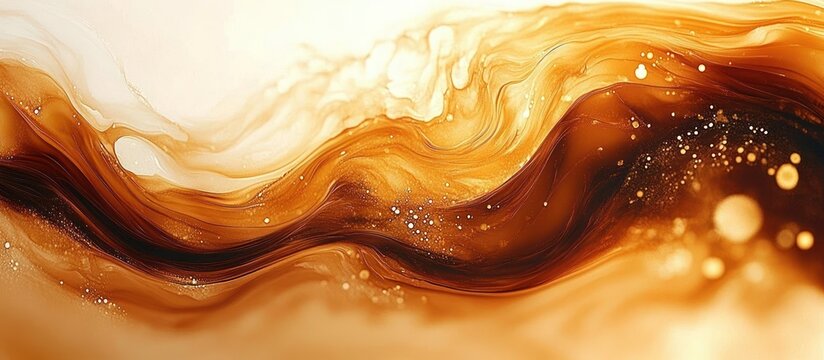 Flowing liquid art with swirling golden-brown and cream colors creating an abstract wave pattern with glowing light spots and smooth curves