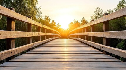 Curved wooden pedestrian bridge extends towards a radiant sun setting over dense green forest