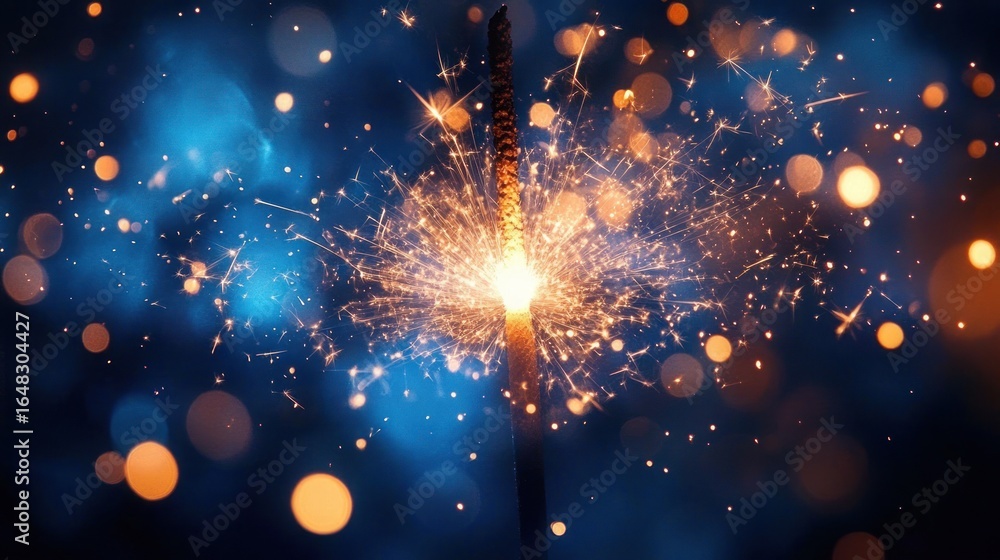 Poster close-up of a glowing sparkler emitting bright sparks and light bokeh against a dark blue background