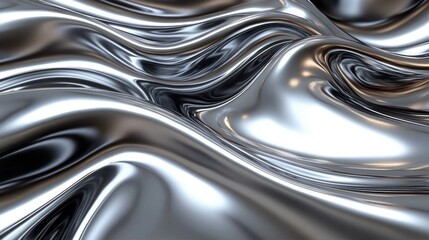 Smooth and shiny metallic surface with fluid, wavy folds reflecting light and creating abstract patterns