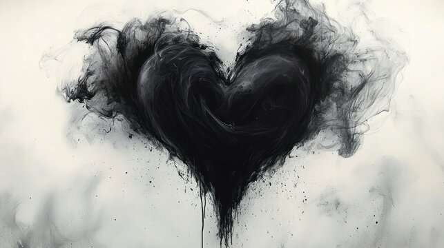 dark smoky heart shape with swirling wisps and splatters creating a mysterious and intense emotional atmosphere on a light background