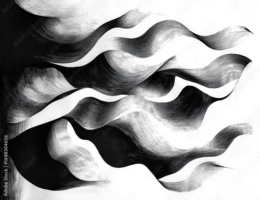 Poster abstract flowing black and white waves creating smooth, curvy ribbon-like forms with textured, shade