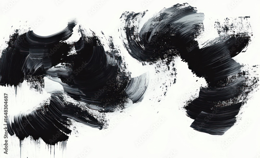 Poster abstract black brush strokes on white background creating dynamic swirling shapes and textured patte