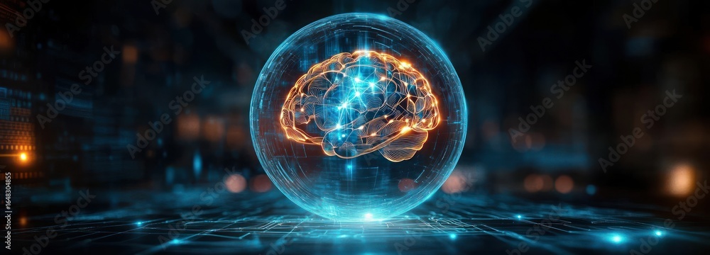 Poster glowing neural network brain hologram suspended inside transparent sphere over futuristic digital ci