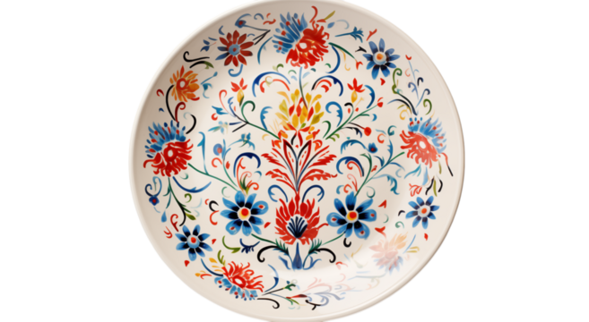 Vibrant Floral Plate Design: Colorful Ceramic Dishware Illustration on transparent background png