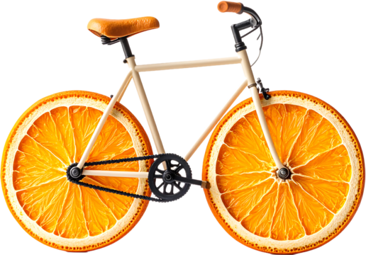 Bicycle with orange slice wheels and a peel seat, creatively combining transportation and fruit on a white background.