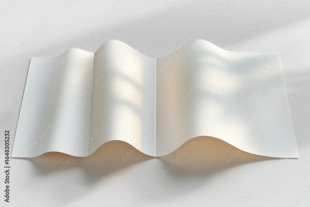 Poster white textured fabric or paper with smooth curved waves casting soft shadows on a light surface