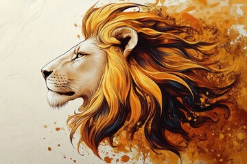 Stylized illustration of a majestic lion head with flowing mane in shades of gold, orange, and black against a textured, splattered background, evoking power and grace