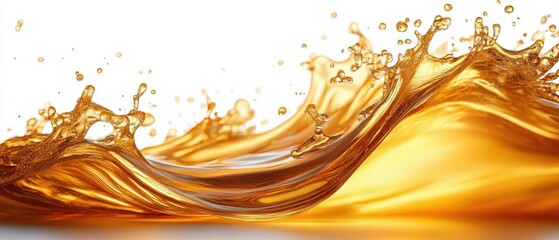 Close-up of dynamic amber liquid splash with droplets in motion against a white background evoking energy and fluidity
