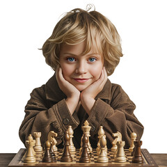 Contemplative Boy with Chess Board in Studio Portrait