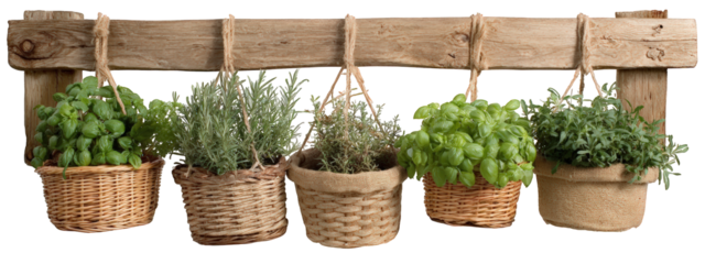 Herb basket wooden hanging rustic garden green plant outdoor fresh aromatic natural culinary leaf rope farmhouse organic healthy kitchen decorative arrangement eco friendly foliage potted backyard