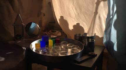 Obraz premium Arrangement of Geometric Shapes, Mirrors, and Candles with Fabric Backdrop